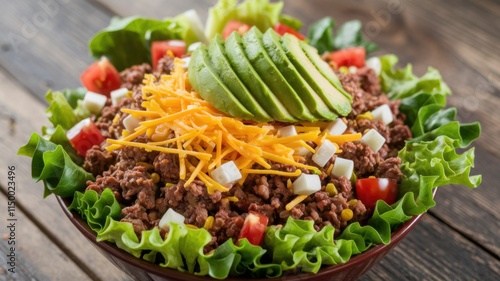 Keto salad is served in a bowl. Salad of ground beef, diced onion, minced garlic, taco seasoning, chopped lettuce and, optionally, grated cheese, diced tomatoes, avocado and keto dressing.  photo