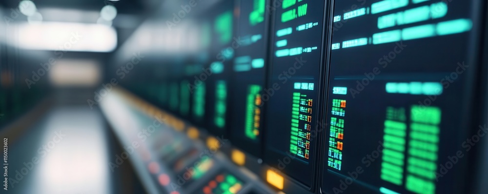 Illustrate a data-driven logistic control center with green technology displays Illustrate a data-driven logistic control center with green technology displays