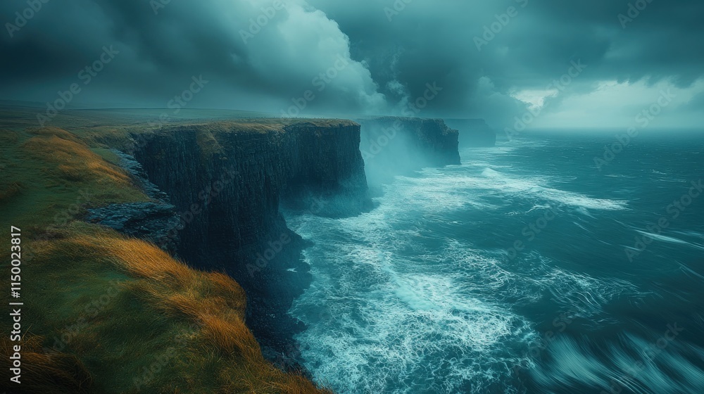 Fototapeta premium Stormy ocean crashing against dramatic cliffs.