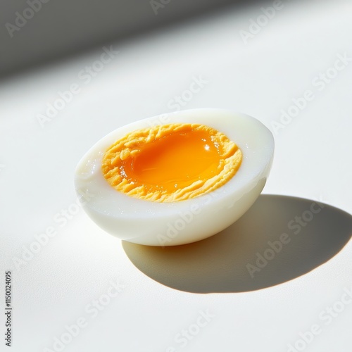 A single boiled egg sliced in half, revealing a vibrant golden yolk, resting on a smooth white surface with a minimalistic background photo