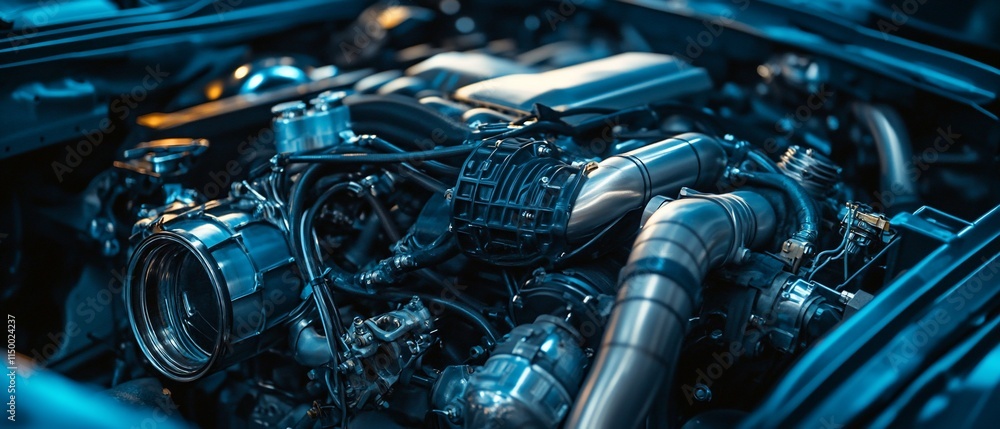 Close-up of a powerful, customized car engine. Close-up of a powerful, customized car engine.
