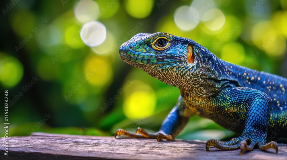 Vibrant blue lizard on wood, close-up. Vibrant blue lizard on wood, close-up.