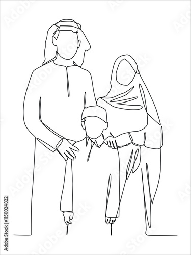 Single continuous line drawing of young Arabian mom and dad walking and holding their daughter's hand together, Modern continuous line draw design.