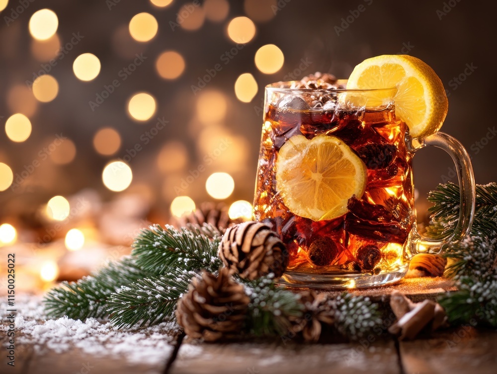 A festive drink with lemon slices, pinecones, and twinkling lights in a cozy setting. A festive drink with lemon slices, pinecones, and twinkling lights in a cozy setting.
