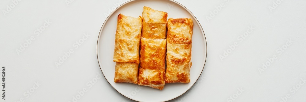A single plate of golden egg rolls arranged in neat slices, positioned on a plain white surface A single plate of golden egg rolls arranged in neat slices, positioned on a plain white surface