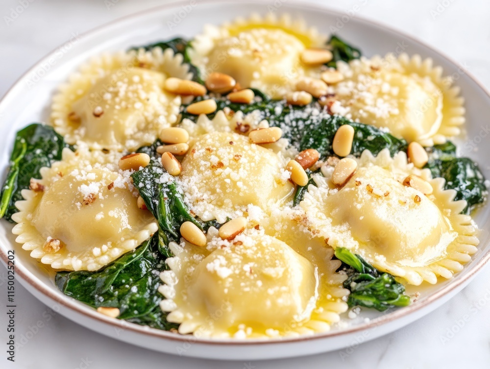 Delicious ravioli with spinach, pine nuts, and parmesan cheese on a white plate. Delicious ravioli with spinach, pine nuts, and parmesan cheese on a white plate.