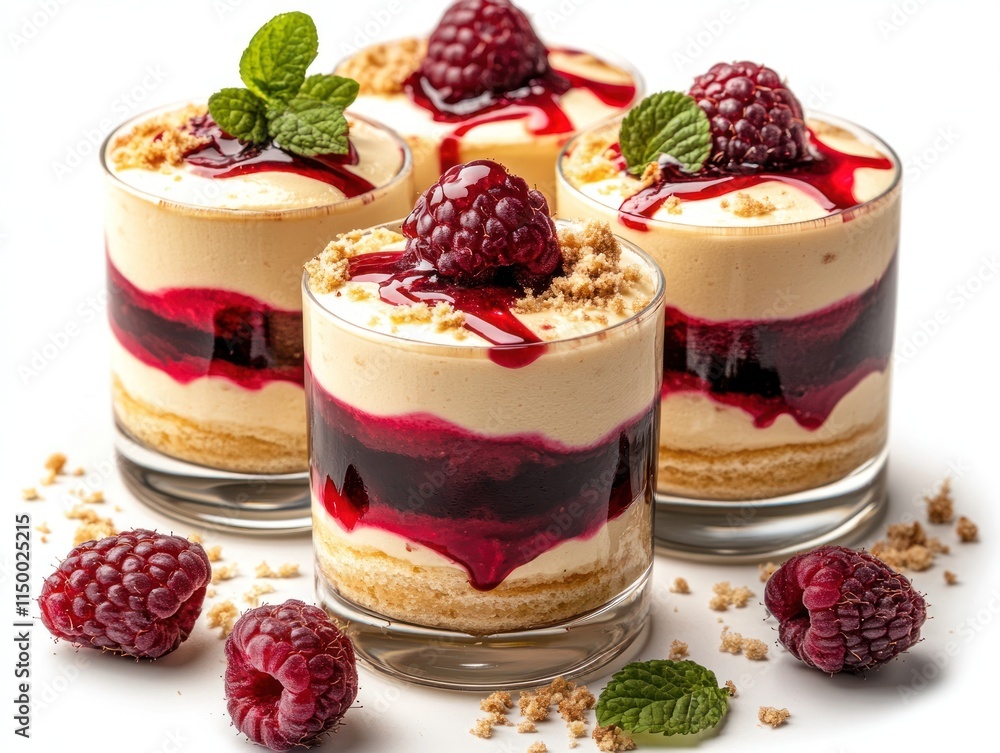 Delicious layered dessert featuring raspberry and cream, garnished with mint leaves. Delicious layered dessert featuring raspberry and cream, garnished with mint leaves.