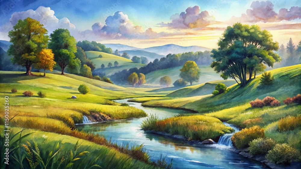 Obraz premium Watercolor Spa Collection: Hand-Drawn Body Brushes & Lush Landscape