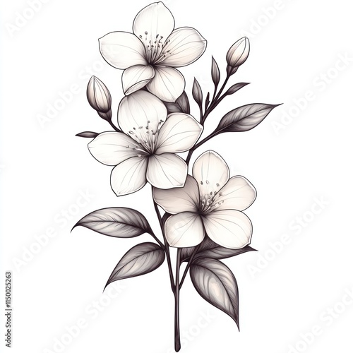Elegant Monochrome Floral Illustration Featuring Blossoms and Buds