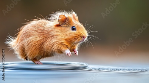 A fluffy hamster appears to leap above rippling water, creating a whimsical scene. photo