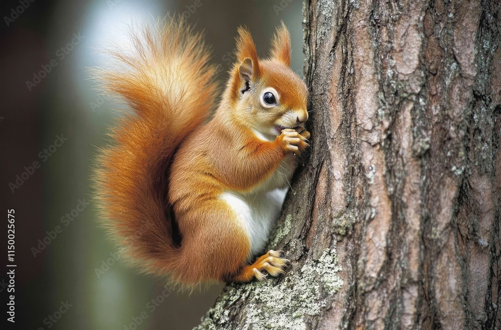 Fototapeta premium Cute red squirrel eating on a tree trunk in the forest