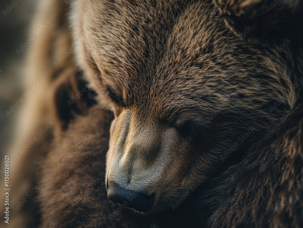 Obraz premium Close-up of a brown bear's face, showing its fur and features.
