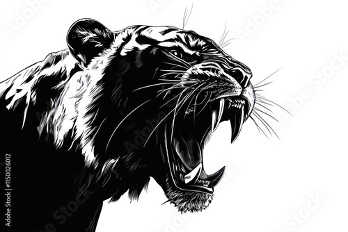 Roaring tiger head, monochrome sketch, profile view, sharp teeth, intense expression, wildlife, powerful. photo