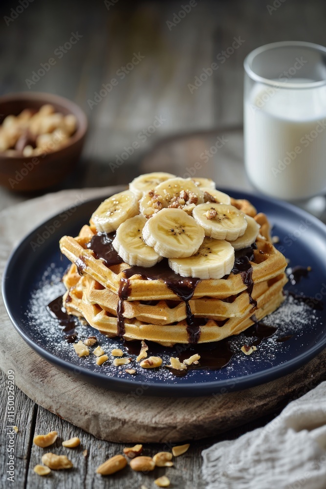 Delicious waffles topped with banana slices, chocolate sauce, nuts, and powdered sugar, served on a dark plate with a glass of milk. Delicious waffles topped with banana slices, chocolate sauce, nuts, and powdered sugar, served on a dark plate with a glass of milk.