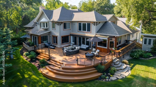 Modern twostory house white siding gray shingles featuring centered front door porch wooden deck outdoor furniture surrounded wellmaintained lawn photo