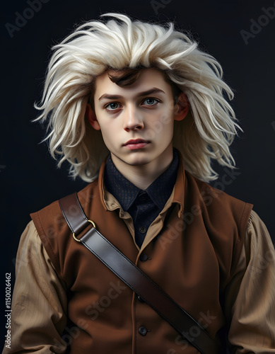 Strange things. Vintage portrait of young man in brown vintage suit and white wig like medieval royal hunter isolated on dark background, dreamy atmosphere photo