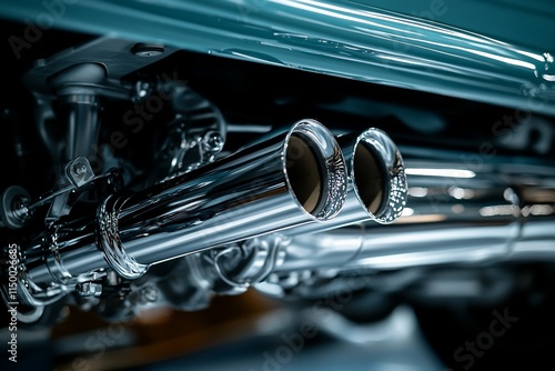 Close-up of polished chrome dual exhaust pipes on a vintage car.