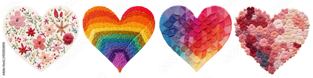 Fototapeta premium PNG Valentine's heart embroidery, element set on transparent background