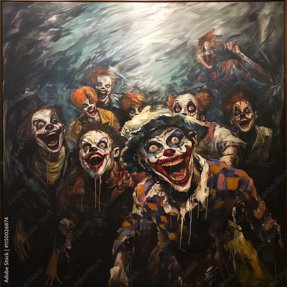 Clown characters exaggerated features are depicted chaotic scene showcasing range emotions maniacal grins terrified looks Clown characters exaggerated features are depicted chaotic scene showcasing range emotions maniacal grins terrified looks
