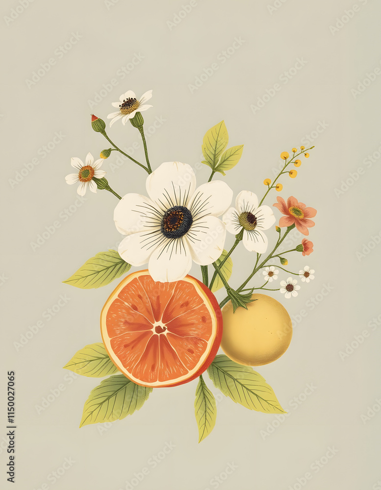 Obraz premium Fruit and flower vintage set hand-drawn illustration, minimalism, with white tones