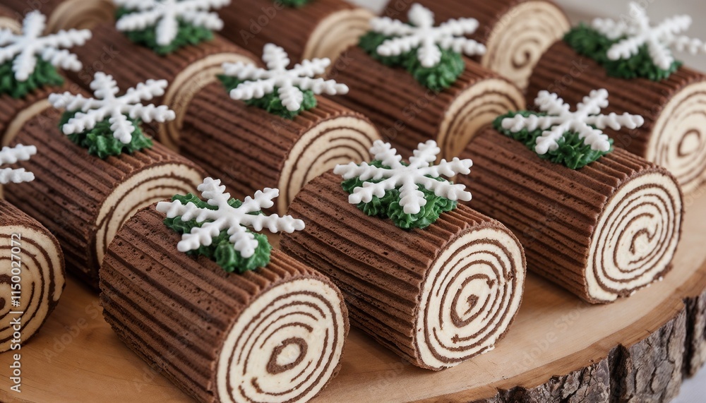 Photo of multiple mini yule logs decorated with chocolate sponge cake, cream filling, and powdered sugar snowflakes on a wooden platter Photo of multiple mini yule logs decorated with chocolate sponge cake, cream filling, and powdered sugar snowflakes on a wooden platter
