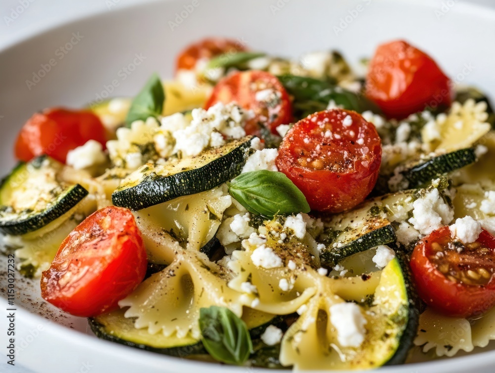 Close-up of farfalle pasta salad with roasted cherry tomatoes, zucchini, feta cheese, and pesto. Close-up of farfalle pasta salad with roasted cherry tomatoes, zucchini, feta cheese, and pesto.