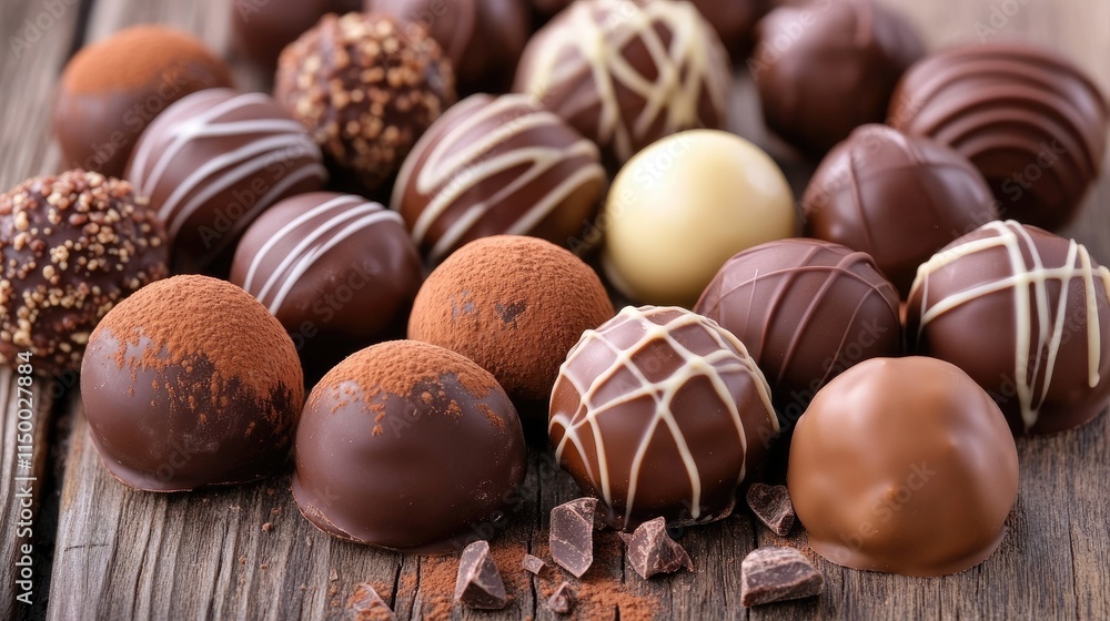 Assorted Gourmet Chocolates on Wooden Surface with Cocoa Delights Assorted Gourmet Chocolates on Wooden Surface with Cocoa Delights