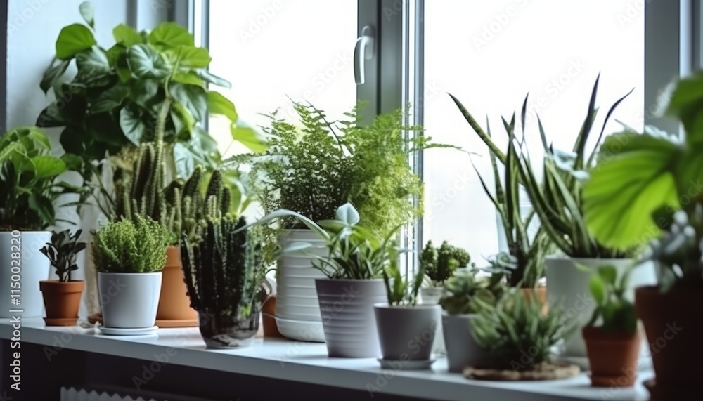 Lush Indoor Garden Featuring Various Potted Plants in Bright Natural Light on Windowsill with Urban View and Green Foliage Inspiration Lush Indoor Garden Featuring Various Potted Plants in Bright Natural Light on Windowsill with Urban View and Green Foliage Inspiration