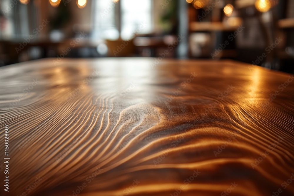 Close-up of a polished, dark wood table in a cafe setting. Close-up of a polished, dark wood table in a cafe setting.