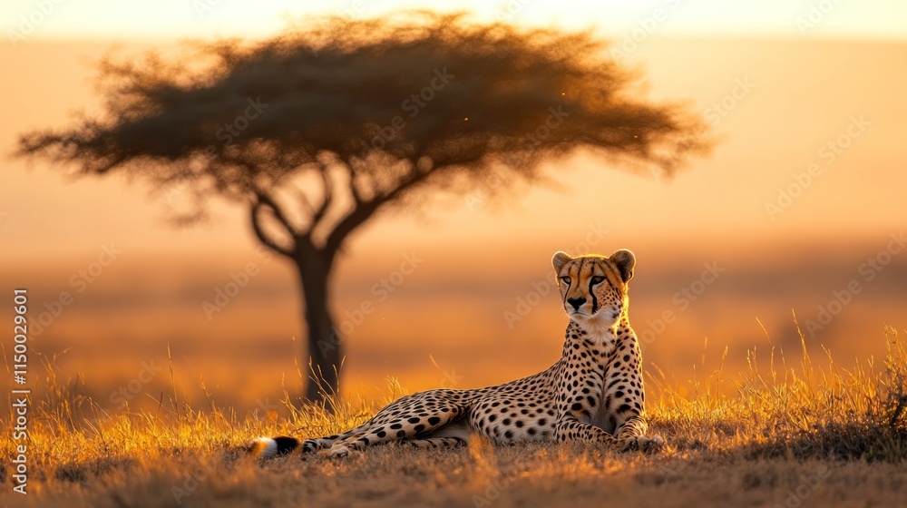 Cheetah resting in golden sunset light, acacia tree in background. Cheetah resting in golden sunset light, acacia tree in background.