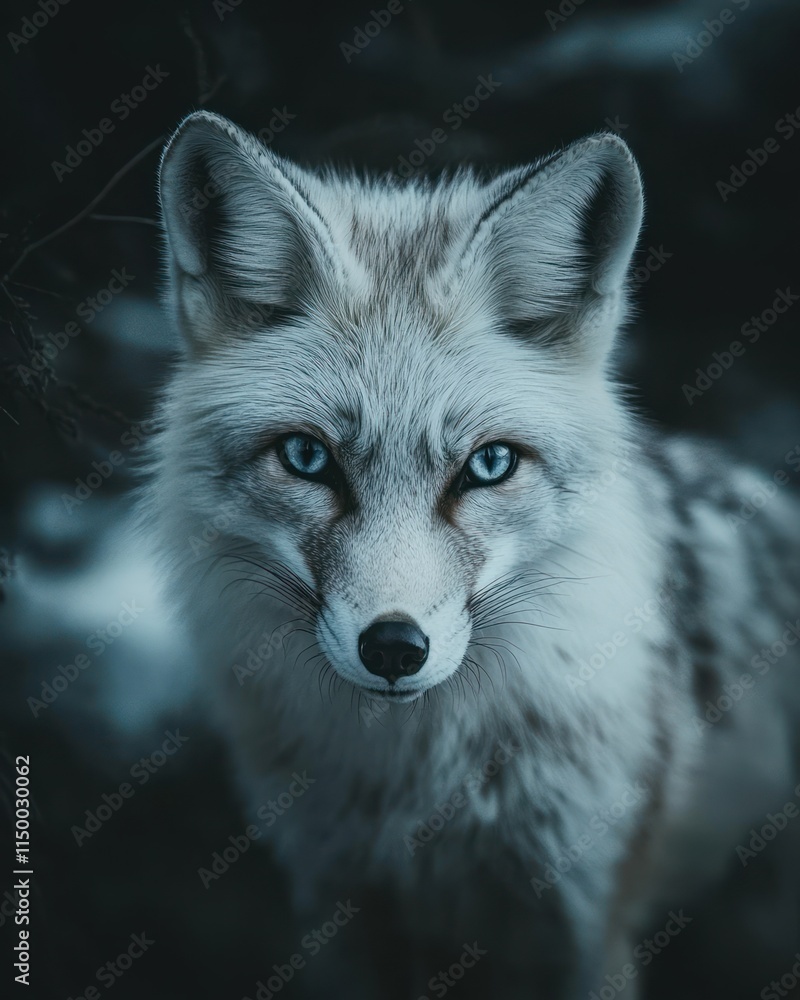 Close-up portrait of a white fox with striking blue eyes in a dark, snowy environment. Close-up portrait of a white fox with striking blue eyes in a dark, snowy environment.