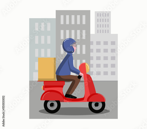 Food and goods delivery. Transport, city, houses. Pizza delivery man, scooter courier. Man in helmet riding scooter.