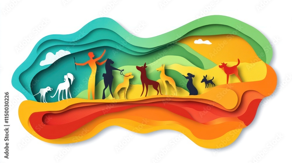 Colorful paper art illustration of dogs and their owners enjoying a sunny day outdoors. Colorful paper art illustration of dogs and their owners enjoying a sunny day outdoors.