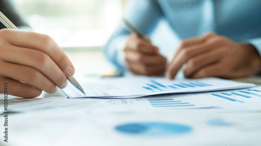 Close-up of hands reviewing documents and charts during a business meeting. Close-up of hands reviewing documents and charts during a business meeting.