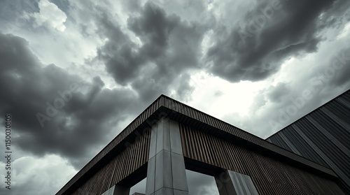 High-contrast color photograph of architecture enduring a dramatic storm. Sharp lines and detailed textures are highlighted against stormy skies, conveying a sense of power and vulnerability. 
