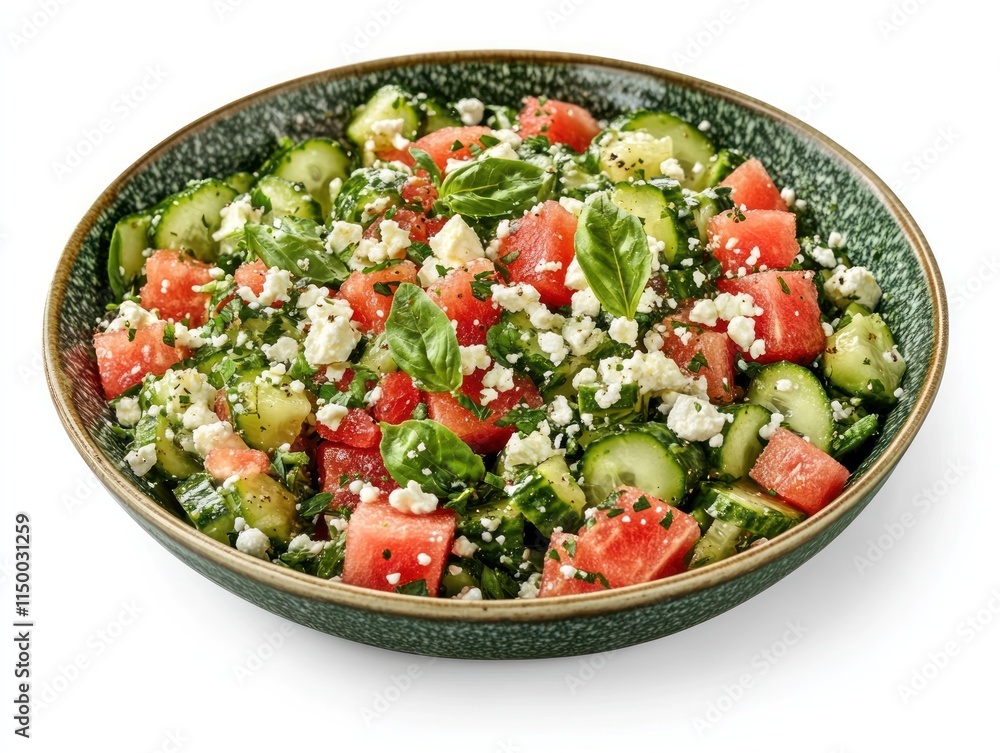 A vibrant salad featuring diced tomatoes, cucumbers, and herbs, garnished with cheese. A vibrant salad featuring diced tomatoes, cucumbers, and herbs, garnished with cheese.