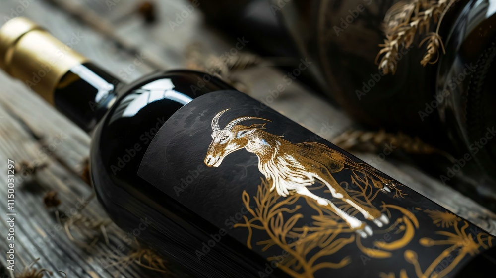 Naklejka premium Bottle wine goatthemed label sits wooden surface