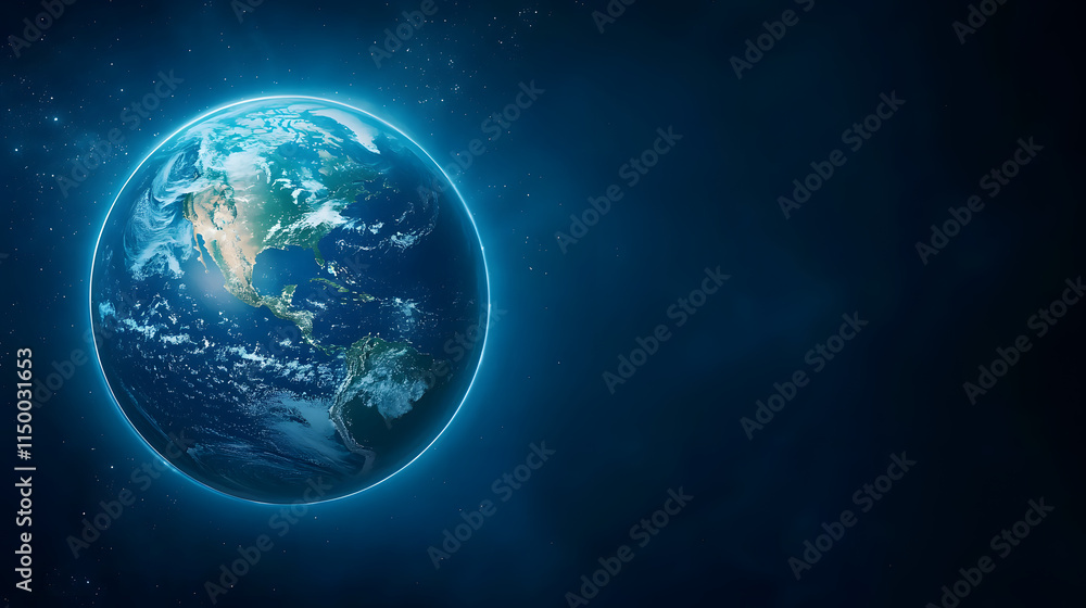 Obraz premium Earth From Space: A mesmerizing view of our planet Earth, bathed in a celestial glow, against a backdrop of the vast, inky black expanse of space. This image evokes a sense of wonder, fragility.