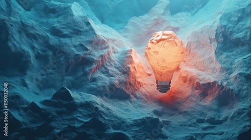 Glowing crumpled lightbulb nestled in icy mountains. photo