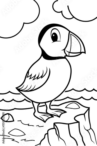 A puffin standing on a rocky shore illustration perfect for nature and wildlife enthusiasts.