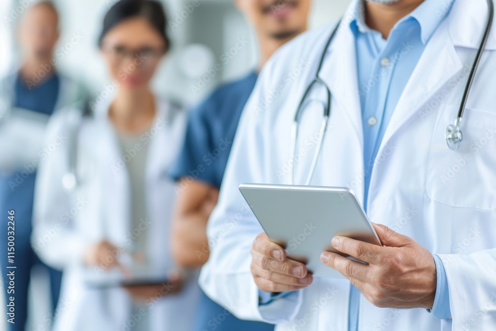 A group of medical professionals in scrubs and white coats, with one holding a tablet, engaged in a healthcare environment. A group of medical professionals in scrubs and white coats, with one holding a tablet, engaged in a healthcare environment.