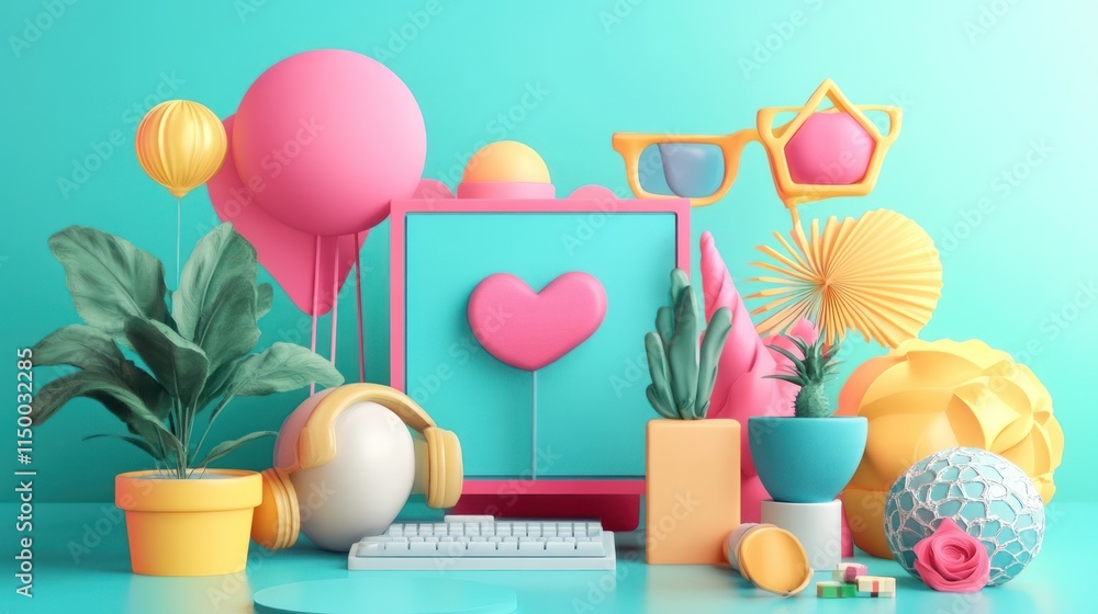 Colorful 3D render of computer screen with heart, balloons, plants, and accessories. Colorful 3D render of computer screen with heart, balloons, plants, and accessories.