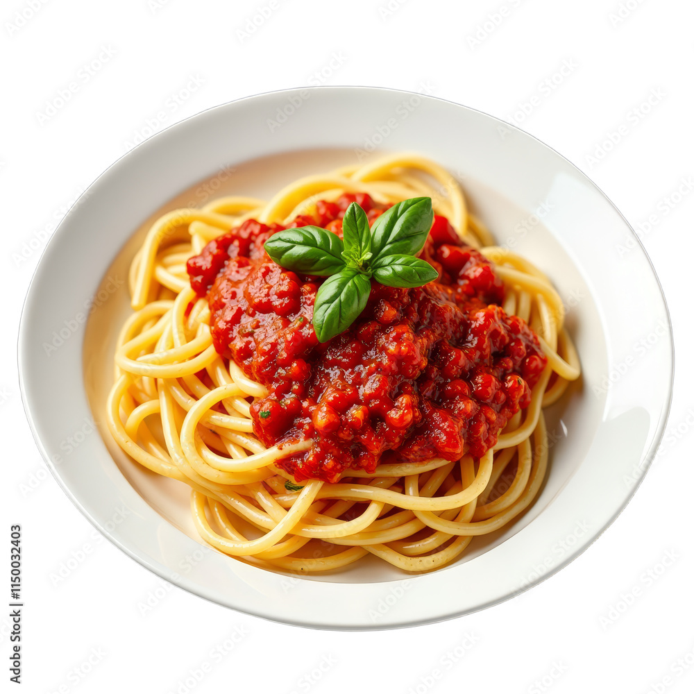 Spaghetti with red sauce and basil leaf garnish on white plate Spaghetti with red sauce and basil leaf garnish on white plate