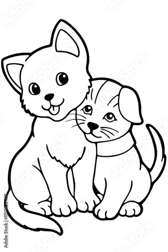 A friendly puppy and kitten cuddling together illustration perfect for nature and wildlife enthusias