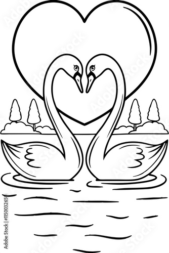 A pair of swans forming a heart with their necks illustration perfect for nature and wildlife enthus