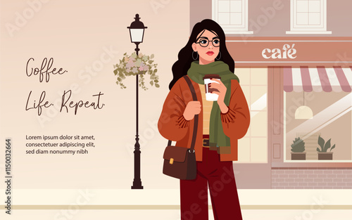 A flat vector illustration of a fashionable woman holding a coffee cup near a cozy cafe, dressed in a warm autumn outfit with a scarf and crossbody bag. The artwork features the inspirational text