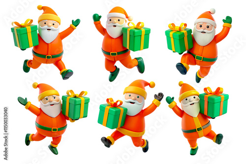 Dancing funny cute Santa Claus with giftbox 3D illustrations set