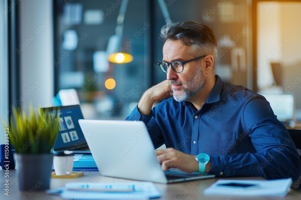 A focused man works diligently on his laptop in a modern office setting, surrounded by greenery and natural light. A focused man works diligently on his laptop in a modern office setting, surrounded by greenery and natural light.