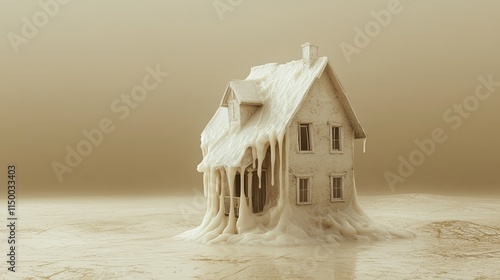 Melting House: A Surreal 3D Render of a House Dissolving into a Beige Landscape photo