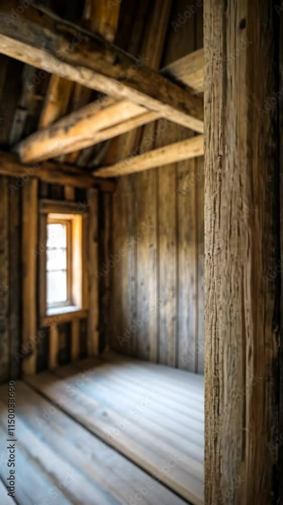 Rustic wooden cabin interior featuring exposed beams and natural light streaming through a small window at midday Rustic wooden cabin interior featuring exposed beams and natural light streaming through a small window at midday